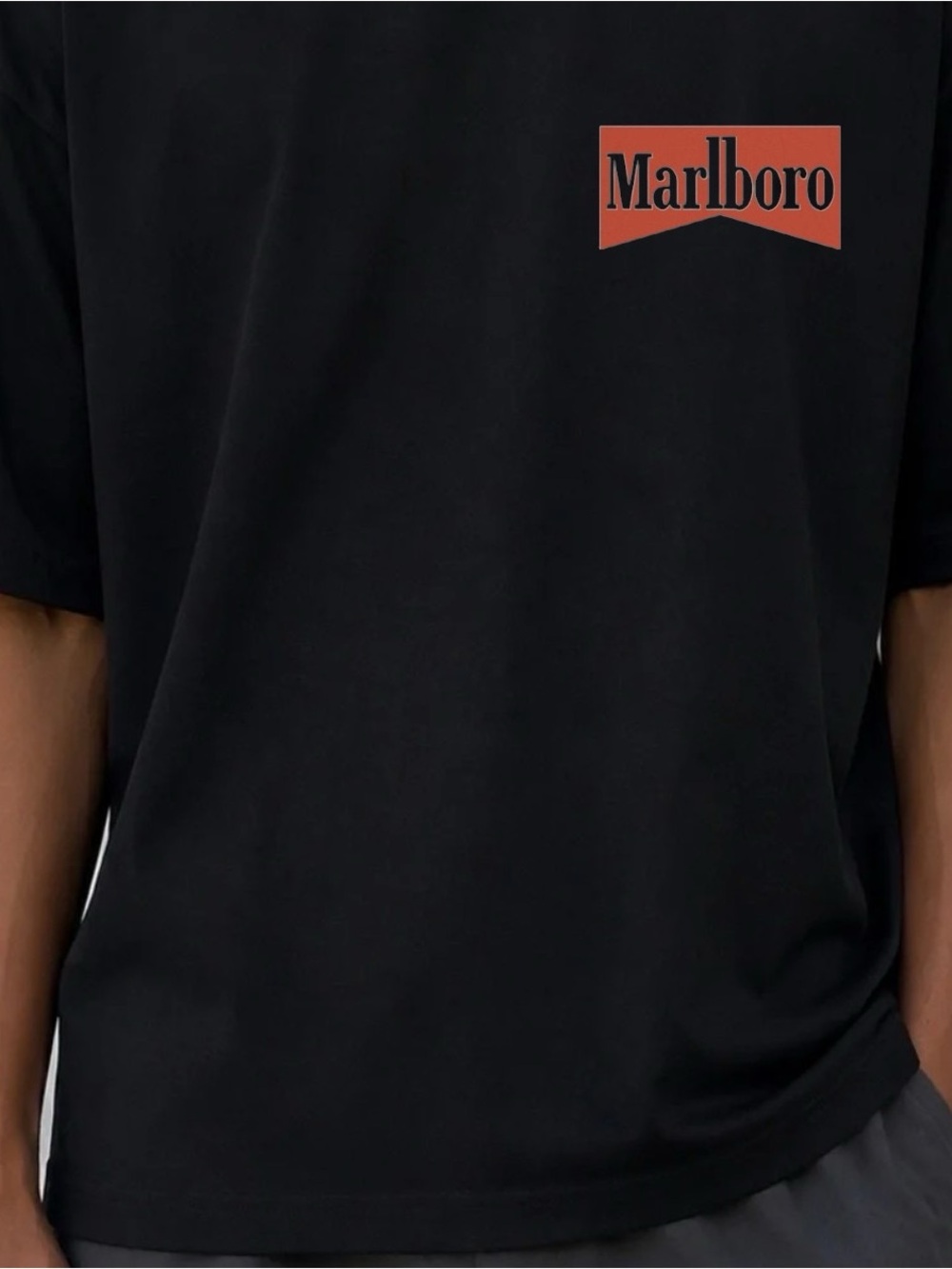 Gildan Black Tee with Orange-Red Marlboro Chest Graphic
